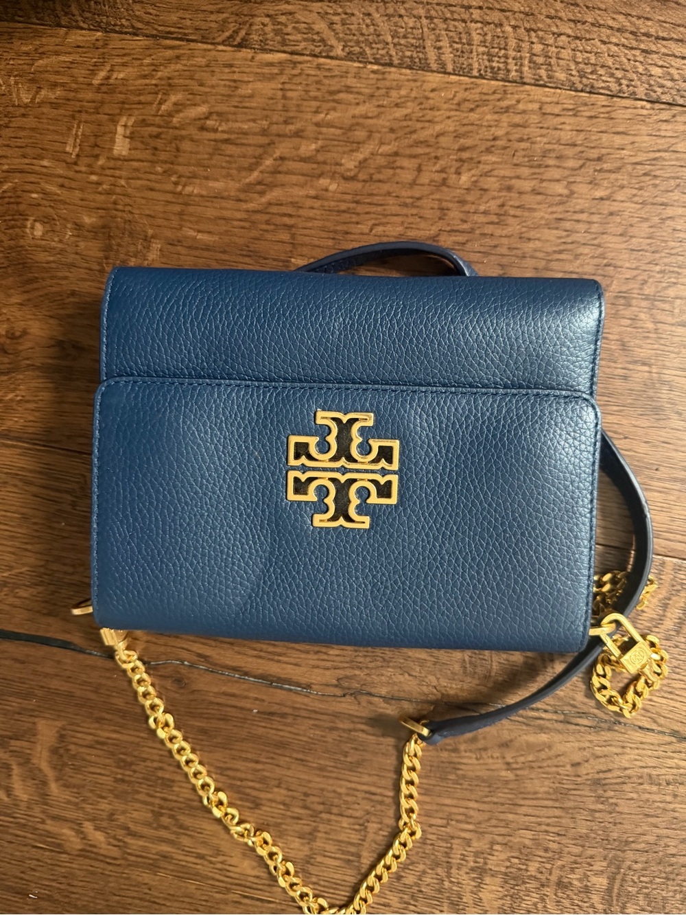 Tory Burch Navy Pebbled Leather Crossbody with Gold Logo